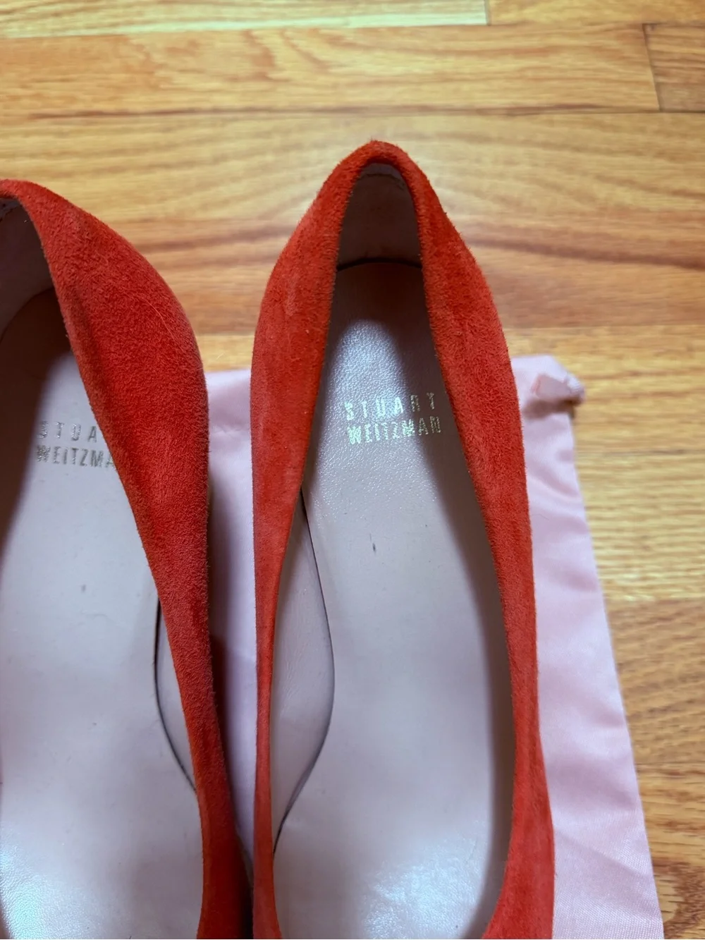Stuart Weitzman Orange Suede Peep-Toe Platform Cork Wedges with Gold Accent